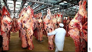Beef carcasses at a meat market