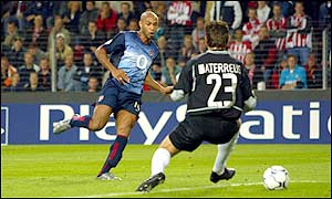 Henry clinically scores a fourth goal, his second of the night