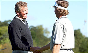Europe's Colin Montgomerie and Bernhard Langer on the 15th hole