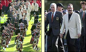Nottinghamshire Police Pipe Band lead the teams into the area around the 18th green