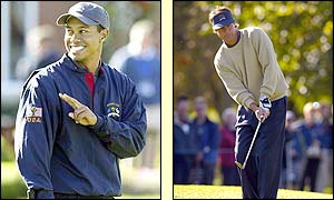 Tiger Woods and Paul Azinger enjoy their final practice session