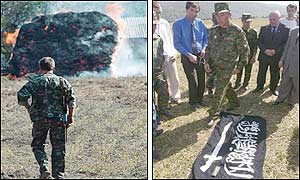 Left picture: A Russian soldier heads to a burning haystack (AP). Right picture: Russian officials look at a flag seized from the rebels. (AFP)
