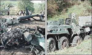 Left picture: wreckage of a Russian MI 24 helicopter. Right picture: a destroyed Russian APC. (AP/AP)