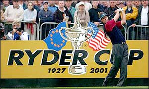 Paul Azinger's nerves get the better of him as he hooks his opening shot into the crowd