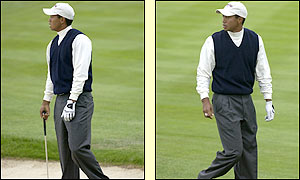 Tiger Woods glares at a spectator after he is heckled at the first, but the world number one is unable to produce his very best form