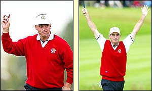 Clarke and Bjorn celebrate after taking an early lead but Hal Sutton and Scott Verplank soon get their game together and close the gap