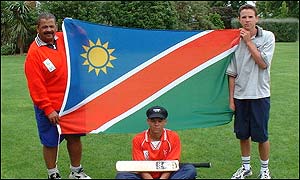 Members of Namibia's U-19 set up, with paceman Burton Van Rooi (centre) 