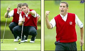 Lee Westwood advises Sergio Garcia as he lines up a putt; a successful Garcia celebrates as the pair extend their lead over Tiger Woods and Mark Calcavecchia 