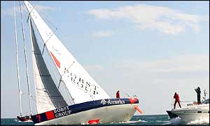 Swiss sailor Bernard Stamm aboard the Bobst Group Armor Lux 