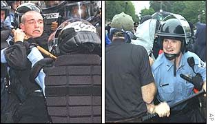 Left, a protester is taken into custody, right, a policeman tries to exert crowd control