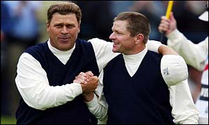 Hal Sutton and Scott Verplank celebrate their surprise win in the top match