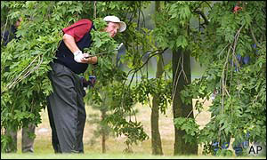 Phil Mickelson hits out of the trees at the third hole