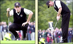 Thomas Bjorn shows poor form and as a result the USA pairing of Tiger Woods and Davis Love III open out a lead