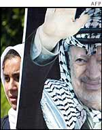 Palestinian woman holds up a poster of Arafat