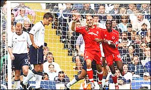 Massimo Maccarone and Joseph-Desire Job celebrate the Italian's opener at White Hart Lane as former league leaders Spurs slip down the Premiership table 