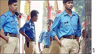 Policemen on guard in Dhaka