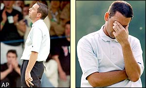 Sergio Garcia shows the agony of defeat after being beaten by David Toms who starts USA's fightback; Europe still lead overall 11-9