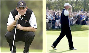 Bjorn tips his cap to a delighted Belfry crowd after putting Europe 12�-9� in the lead