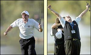 Paul McGinley runs to celebrate winning the Ryder Cup with his team-mates and Sam Torrance throws his fists in the air in delight