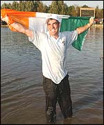 Europe's star man Paul McGinley soaks upo the celebrations