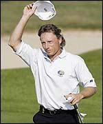 Bernhard Langer doffs his cap to the Belfry crowd
