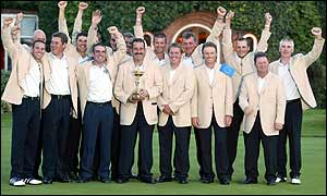 The European team celebrate victory in the 2002 Ryder Cup