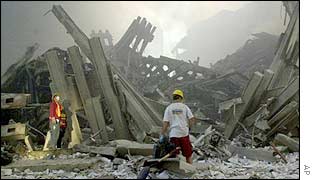 Emergency workers in the rubble of the World Trade Center on 11 September, 2001.