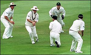 Mark Waugh catches the last wicket in England's second innings in 2001