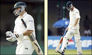 Twin brothers Mark and Steve Waugh fall to Pakistan off-spinner Saqlain Mushtaq