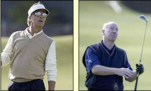 Hollywood actor Don Johnson and Man Utd legend Sir Bobby Charlton in action during their first round 