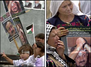 Palestinian demonstrators in Ramallah (photographs courtesy of AP)
