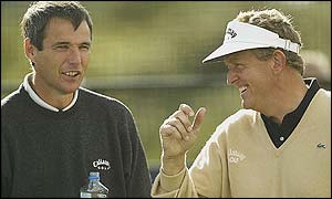 Alan Hansen and Colin Montgomerie share a joke