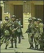 Soldiers standing guard in Bogota
