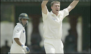 Glenn McGrath appeals for the wicket of Imran Nazir