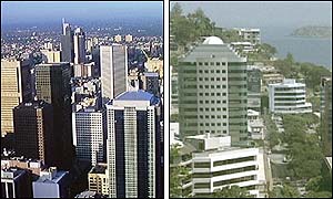 Melbourne and Port Moresby skylines