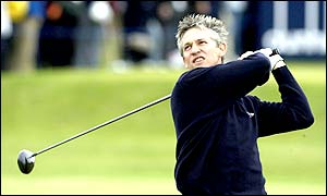 BBC sports presenter Gary Linekar drives off from the third tee on The Old Course