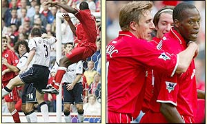 Ugo Ehiogu heads home a Geremi corner to open the scoring for Boro 