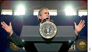 US President George W Bush makes a speech