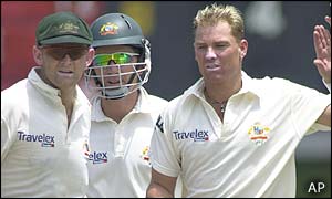 Imran Nazir fell shortly before lunch lofting Warne to Glenn McGrath at mid-off for 40