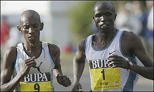 Tanzania's John Yuda and Kenyan Paul Kosgei were close together until the last 400 metres