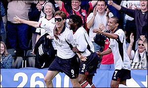 Fulham's Facundo Sava scores the only goal for Fulham after Dean Kiely could only parry Steed Malbranque's shot