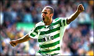 Henrik Larsson celebrates his second goal in the Old Firm match against Rangers