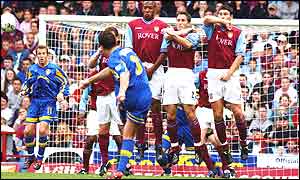 Ian Harte directs his free-kick past the Villa wall