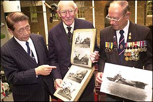 Hichiro Naemura (l) meets Lt Commander Geoffrey Brooke (c) and Dave Nash (r) 