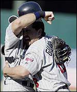 The Minnesota Twins celebrate their play-off victory over the A's
