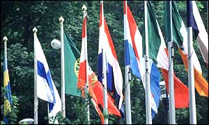 Flags of the member-states in front of the EU building in Brussels