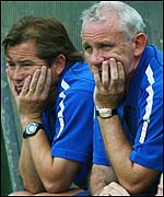 Peter Reid (right) and assistant Adrian Heath