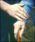 A man's hand holds an elderly hand