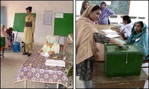 Female election officials and voters in Islamabad (photographs courtesy of AP)