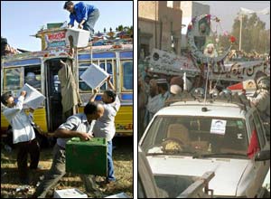 Transporting ballot boxes (l) and the campaign trail (r) (photographs courtesy of AP)